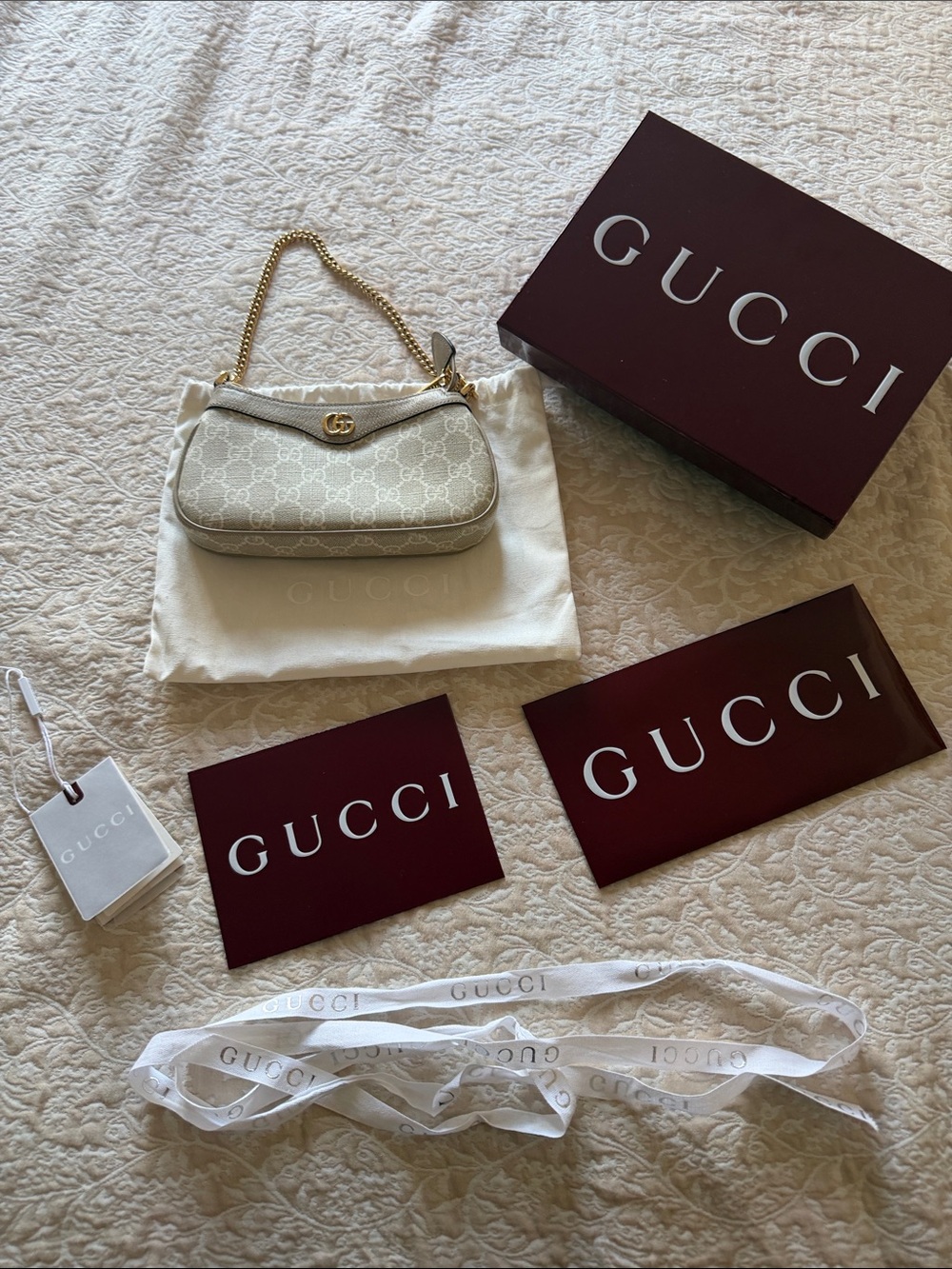 Gucci Ivory GG Canvas Mini Shoulder Bag with Gold Chain authentic